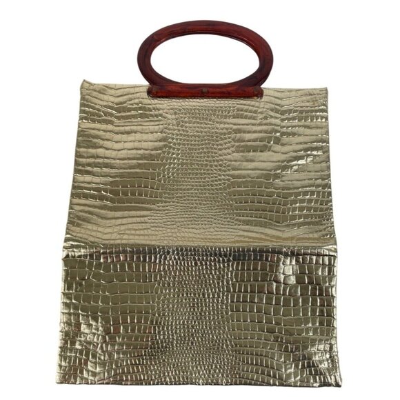 Vintage Gold Embossed Faux Alligator Lucite Handles Purse Folding Tote Bag - Picture 6 of 12